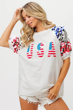 American Flag Theme Sequin White T Shirt for Women