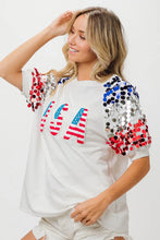 American Flag Theme Sequin White T Shirt for Women