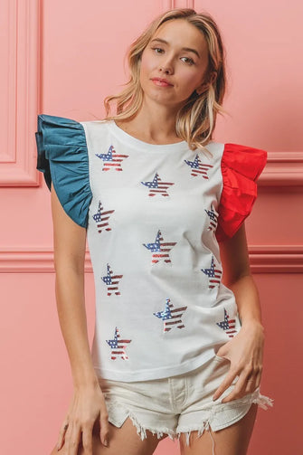 American Flag Top with Sequin Stars and Ruffled Sleeves OFF WHITE