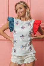 American Flag Top with Sequin Stars and Ruffled Sleeves Woman T Shirts