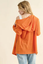 Thermal hooded open orange off-shoulder sweater with textured knit