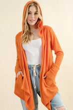 Orange thermal hooded open front cardigan with pockets
