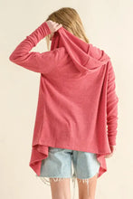 Pink fuzzy full size thermal hooded open front cardigan with pockets