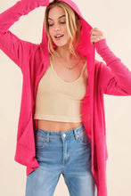 Hot pink thermal hooded open front cardigan with pockets
