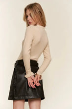 Beige ribbed long-sleeve sweater bodysuit with ruffled cuffs and half button round neck detail