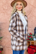 Plaid open hooded shacket in brown beige wool-like tones