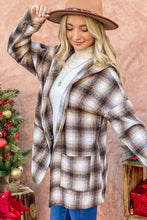 Plaid open hooded shacket with brown, white, gray pattern