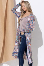 Printed kimono open front longline cardigan with paisley bohemian vibe