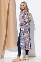 Printed kimono open paisley cardigan with navy and pink accents