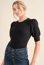 Black ribbed knit bodysuit with puffed half sleeve rib detail from and the why puffed half sleeve rib basic collection