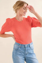 Coral ribbed knit bodysuit with puffed half sleeve design in a basic style for versatile wear
