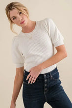 White ribbed knit bodysuit with puffed half sleeve rib design and short puffed sleeves for a stylish look