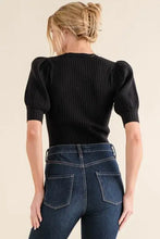 Black ribbed knit bodysuit with puffed half sleeve design from the and the why collection