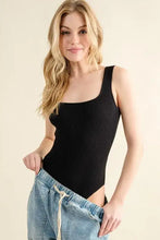 Black ribbed square neck one-piece bodysuit with side slit featuring a square neck design from And The Why