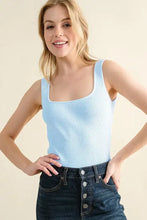 Light blue ribbed square neck bodysuit made of knit fabric featuring a square neck design for versatile wear