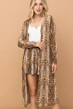 Beige and brown snake print kimono open front longline cardigan