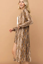 Snake print kimono open front longline cardigan with snakeskin pattern