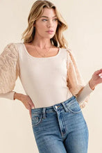 Beige ribbed puff sleeve bodysuit with textured sheer lace puff sleeves from and the why textured puff sleeve collection