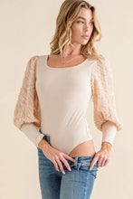 Beige ribbed puff sleeve bodysuit with sheer lace textured puff sleeves in and the why textured puff sleeve bodysuit