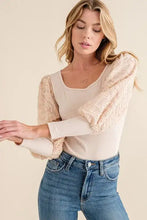 Beige puff sleeve bodysuit with textured puff and sheer lace long sleeves in ribbed fabric design
