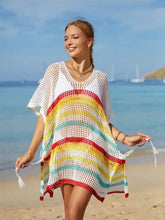 White crochet angel wings cutout striped cover-up with rainbow stripes and moderate stretch