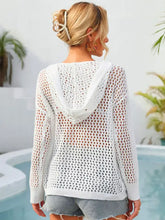 White openwork hooded cover up with angel wings flower graphic