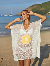 Angel Wings Openwork Flower V-Neck Short Sleeve Cover Up White One Size Swimwear Cover-Ups