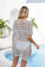 Angel Wings Openwork V-Neck Short Sleeve Cover Up with Sheer Striped Knit
