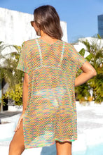 Angel Wings Slit Openwork V-Neck Short Sleeve Cover Up in Rainbow Mesh