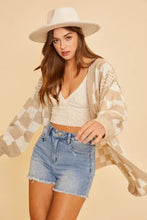 Annie Wear checkered drop shoulder cardigan in beige and white with relaxed fit, frayed edges and bell sleeves