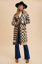 Annie Wear long sleeve striped open cardigan in grey and beige with checkered pattern
