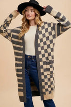 Annie Wear long sleeve striped open cardigan in grey, beige, olive green, cream, black checkered squares