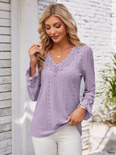 Lilac eyelet lace long-sleeve flounce blouse with scalloped V-neckline