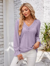 Light purple eyelet lace long-sleeve flounce sleeve V-neck blouse