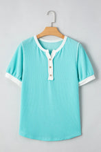 Aqua Ribbed Knit Half Button Henley T Shirt for Women