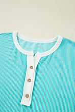 Aqua Ribbed Knit Half Button Henley T Shirt for Women