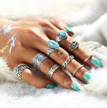 10-piece artificial turquoise alloy ring set with bohemian silver designs