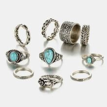 10-piece artificial turquoise alloy ring set with silver designs