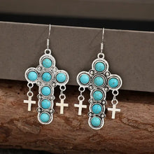Silver artificial turquoise cross dangle earrings with hanging charms