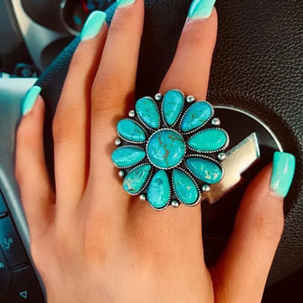 Artificial Turquoise Flower Ring in Silver Alloy Fashion Jewelry Turquoise One Size