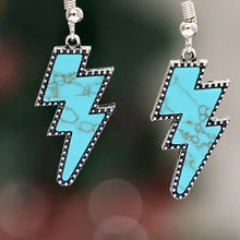 Artificial turquoise lightning dangle earrings with silver tone and beaded trim