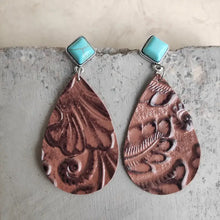 Artificial turquoise teardrop earrings with square turquoise stud and embossed brown leather dangle
