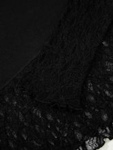 Black lace trim with delicate sheer floral lace patterns on asymmetric panels long sleeve sheer floral top