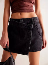Black denim asymmetrical button-front skirt with raw hem made of denim skirt fabric machine wash care instructions apply