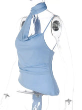 Light blue satin cami with asymmetrical neckline and draped cowl for a fitted, elegant silhouette