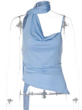 A light blue satin cami with an asymmetrical neckline and ruched halter top ideal for elegant occasions