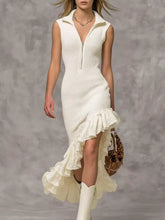 Asymmetrical ruffle hem sleeveless off-white ribbed knit dress