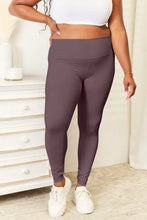 Aubergine wide waistband sports leggings with charcoal ribbed texture