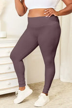 Aubergine wide waistband sports leggings with ribbed cuffs