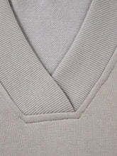 Gray aztec embroidered western v neck sweatshirt with ribbed trim and subtle texture machine wash cold care